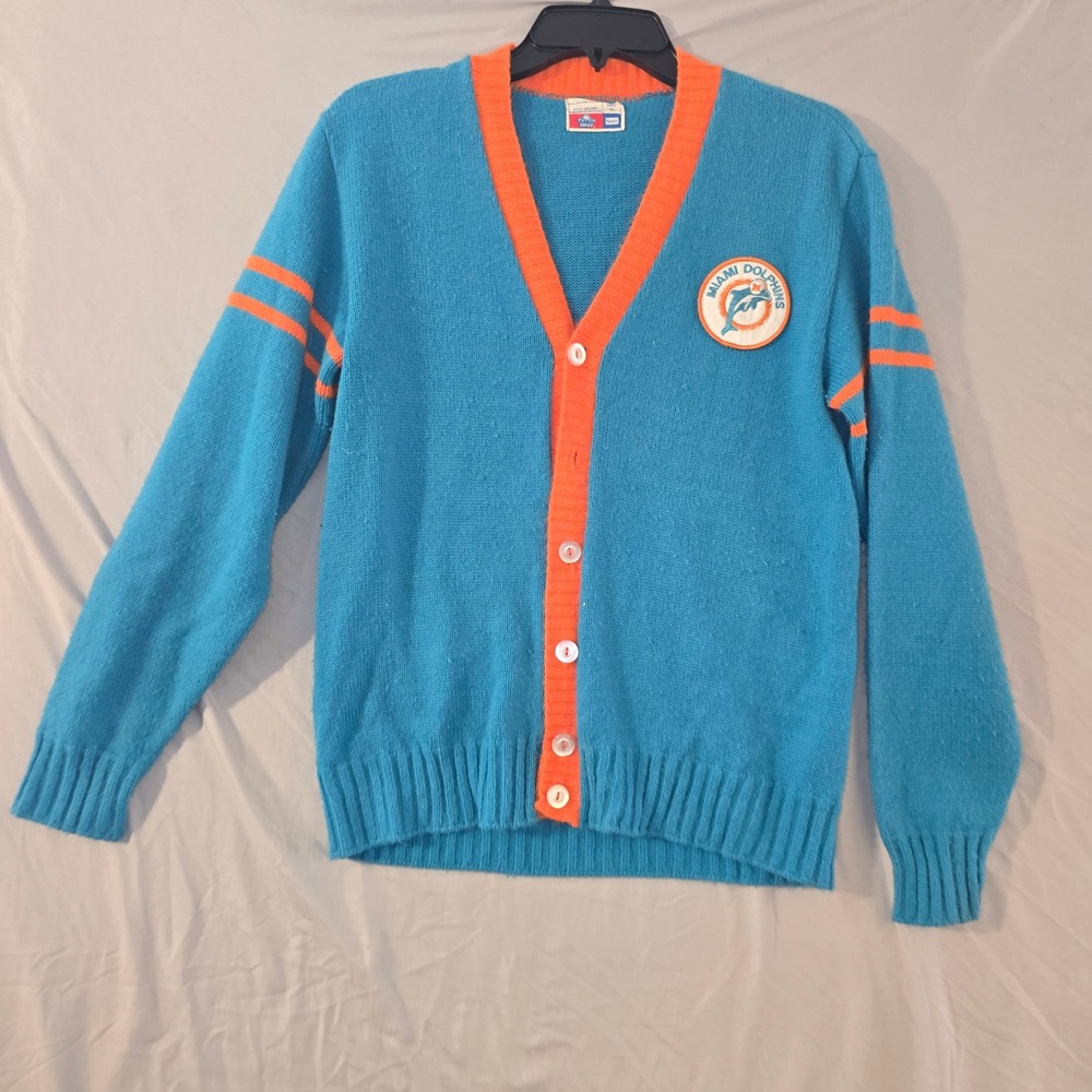 Sears Put-On Shop Miami Dolphins Cardigan 36 Mens Blue Vintage 70s Orlon Acrylic
